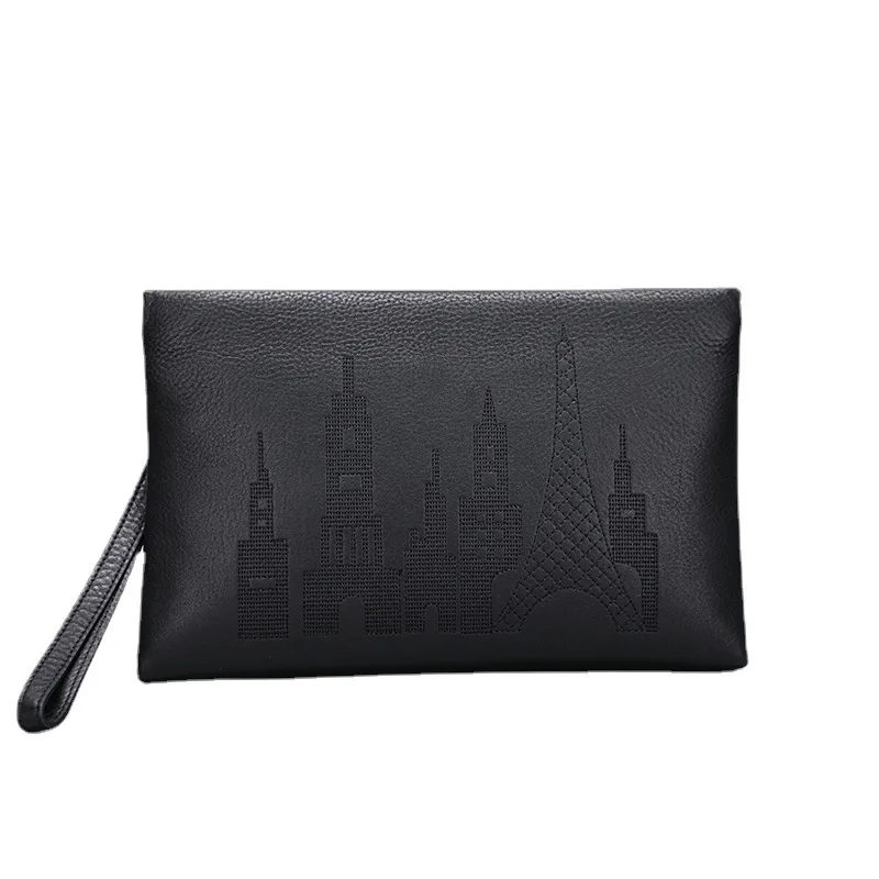 Genuine leather men\'s hand clutch bag with sophisticated embroidery for business and fashion