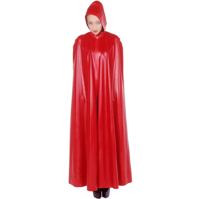 

Red Sexy Hoodies Latex Cloak With Neck Button Ankle Length Long Rubber Robe Cape Jackets Top Coat 444