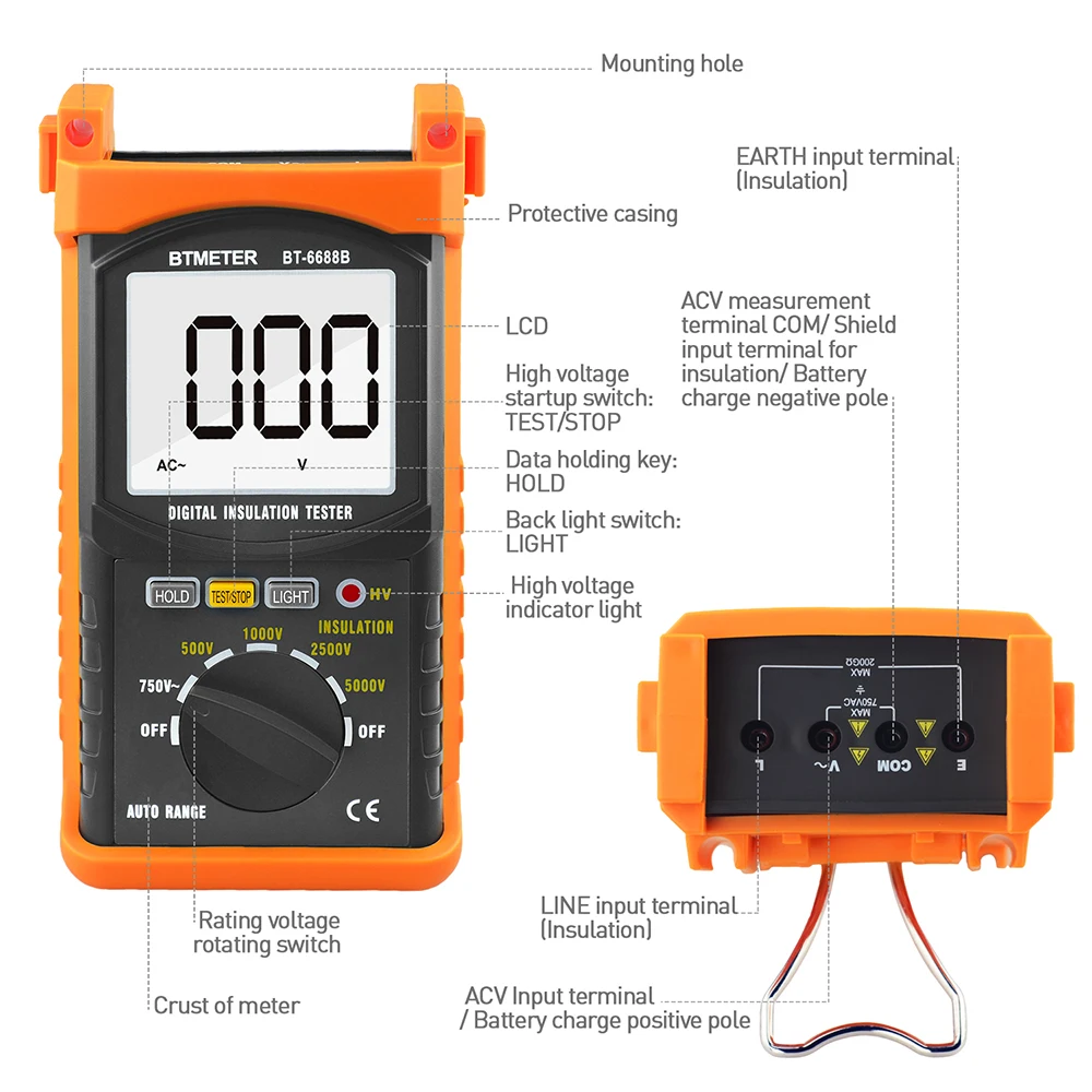 BTMETER BT-6688B Megohmmeter 200GΩ Ohm Digital Insulation Resistance Tester 500V/1kV/2.5kV/5kV Test Voltage Auto Rang Backlight
