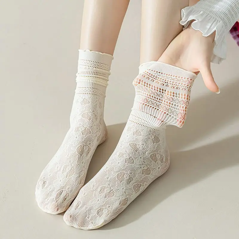 Summer Socks Low Tube Hollow lace Solid Color Soft Breathable Woman Stockings Casual Thin White Socks for Women