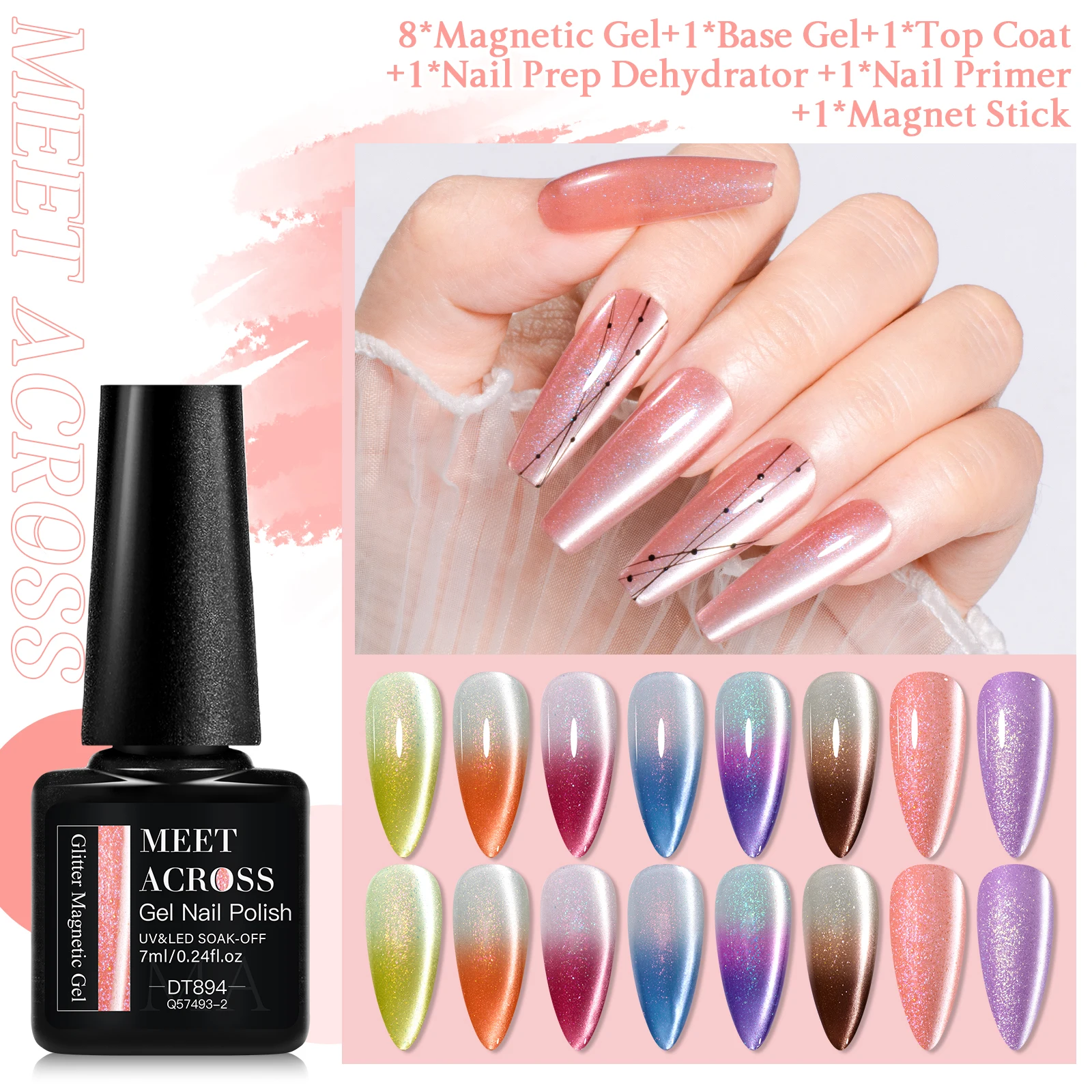 MEET ACROSS ジェルネイルポリッシュ 12 個、磁気スティック 1 個、サーマルグリッターキャットマグネット、ベーストップコート & ネイルプライマー乾燥機付き