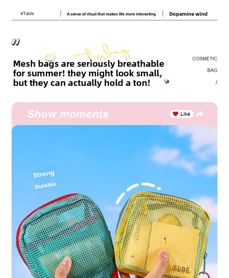 Netzbeutel in Dopamin-Farben, Tragbare Reise-Aufbewahrungstasche für Ladekabel und Toilettenartikel, Mini-Netz-Kosmetiktasche, Schlüsselbeutel, Kartenetui – Detail 7