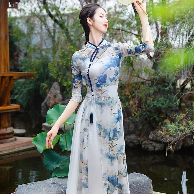 2024 chinese style classical dancing qipao fashionable printing retro literature art qipao set fairy elegant folk dance dress