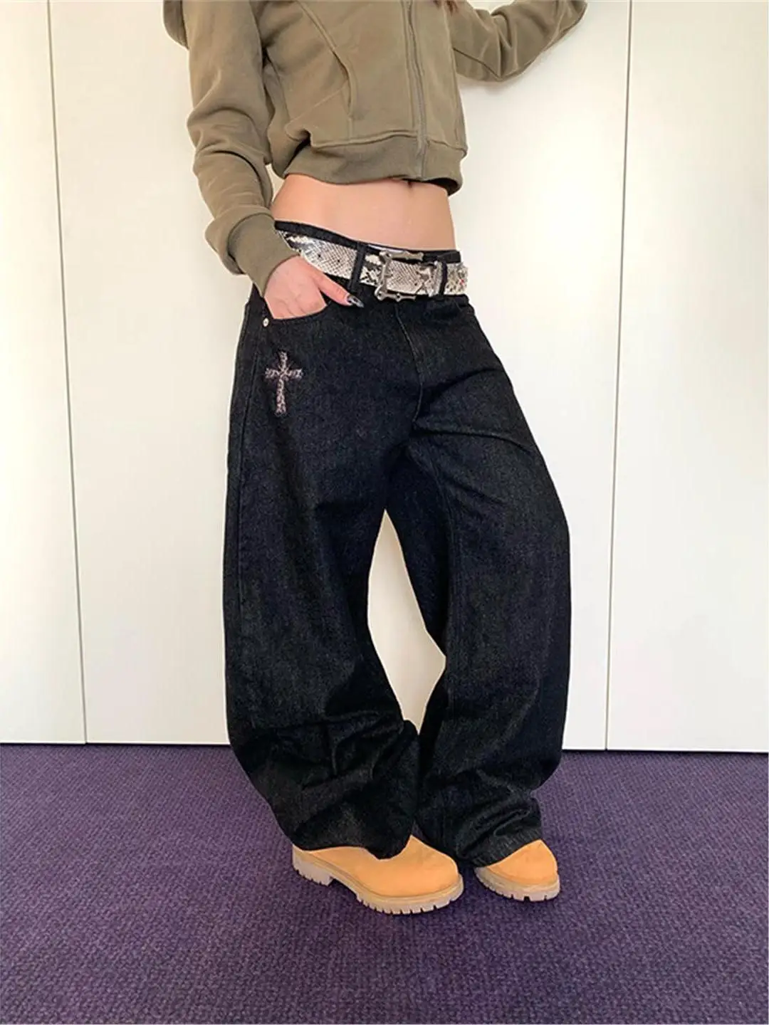 

American Design Wide Leg Jeans Crossbody Rivet Loose Casual Bla Floor-Length ex Jeans Casual Straight Tube Jeans
