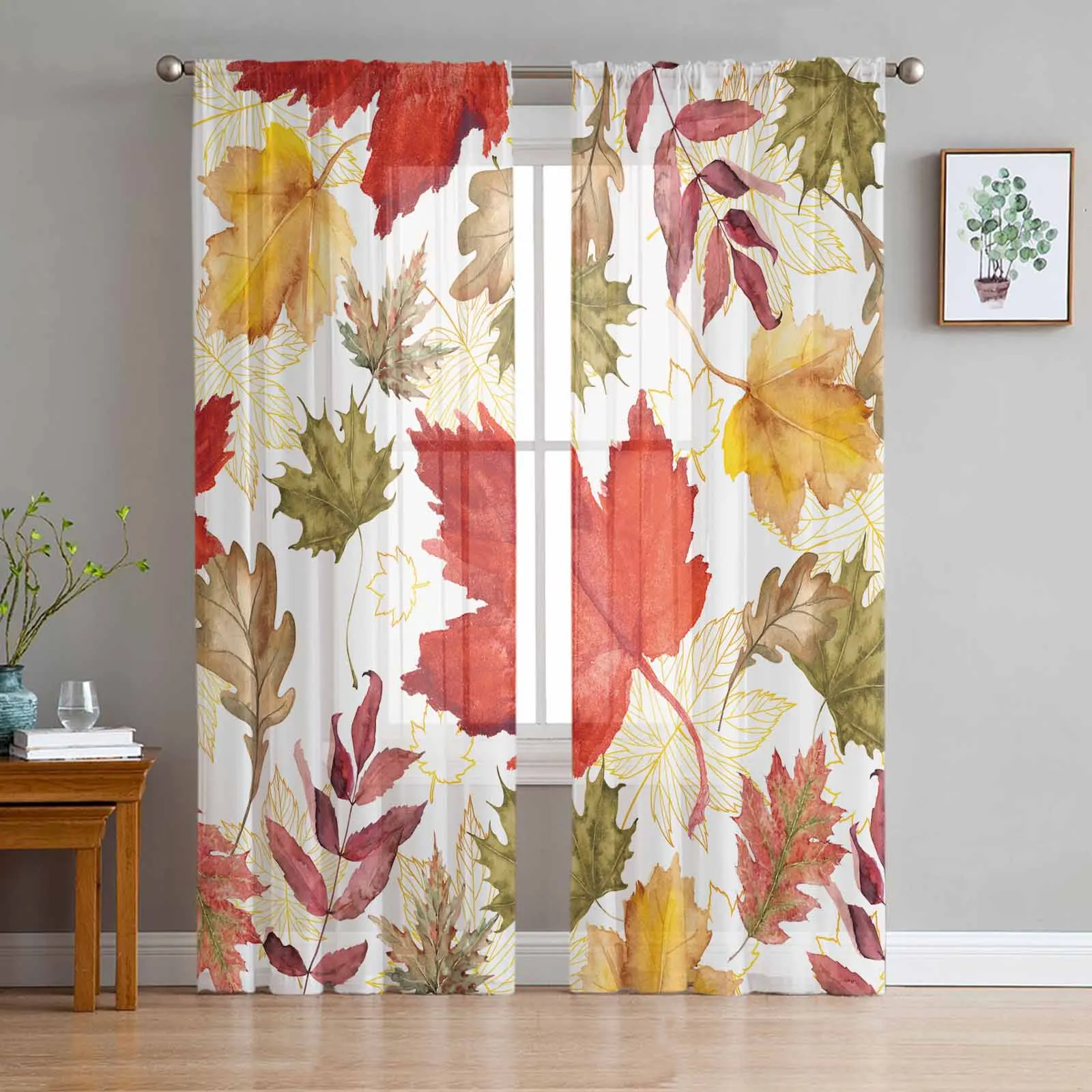 Autumn Maple Leaves Texture Tulle Curtains for Living Room Bedroom Sheer Voile Curtain Home Decor Kitchen Curtain