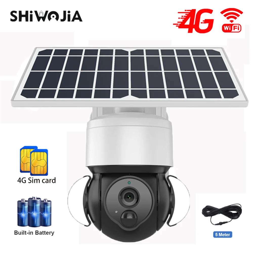 SHIWOJIA WIFI 4G SIM Solar Camera 2MP H265 Outdoor Wireless CCTV Solar Panel Security Surveillance Battery Camera Color Light