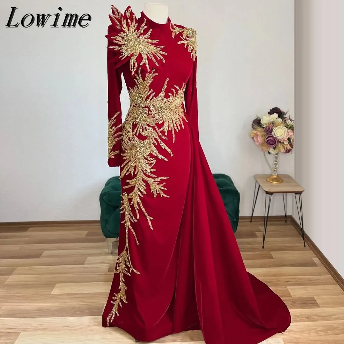 

Red Vintage Satin Evening Dress High Neck Long Sleeve Beaded Embroidery Women's Customizable Party Cocktail Gown