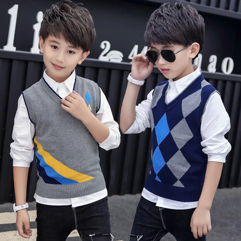 

2025 New Children's Sweater Boys Cotton Vest 5-14 Years Old Children's Knitted Pullover Sweater Plaid Matching Color Vest