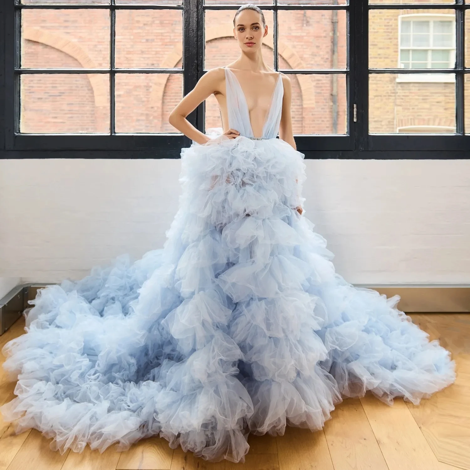 Incrível nuvem tule vestido de baile casamento vestido de noiva extra exuberante em camadas vestidos casuais azul sem costas poshoot pageant festa