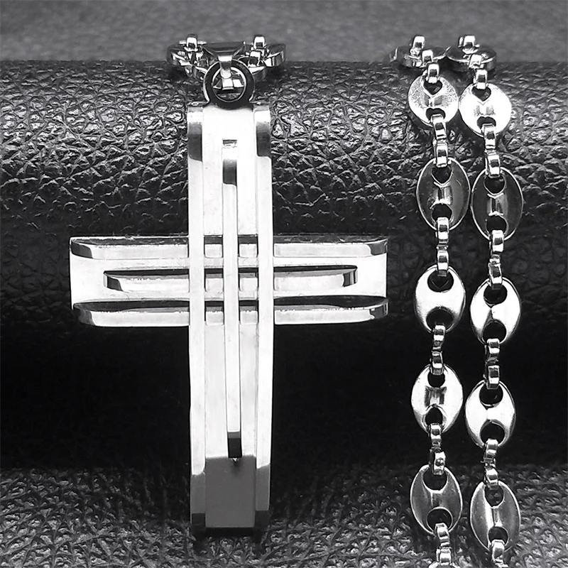 Religious Crucifix Jesus Cross Necklace for Men Women Stainless Steel Gold Color Coffee Beans Chain Male Jewelry collares N2356S