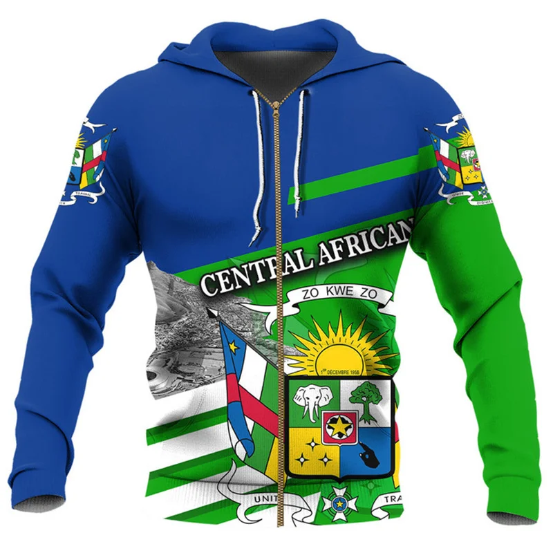 3D Printed The Central African Republic-of Falg Map Zip Up Hoodies For Men Fashion Streetwear Central African Zipper Sweatshirts