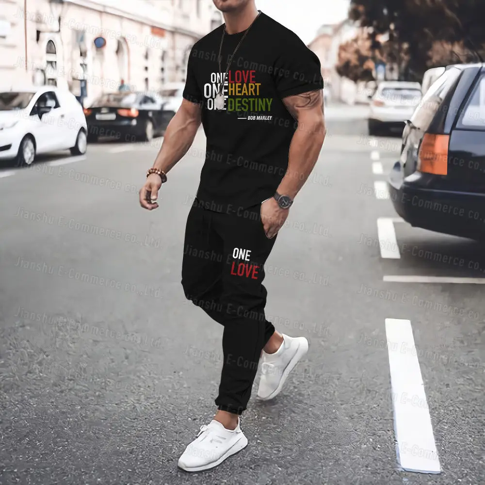 Bob Mary  T Shirt Set Summer Street Reggae Music Fashion Short Sleeves+Trousers 2-Piece Suit Oversize Round Neck Shirt Tracksuit