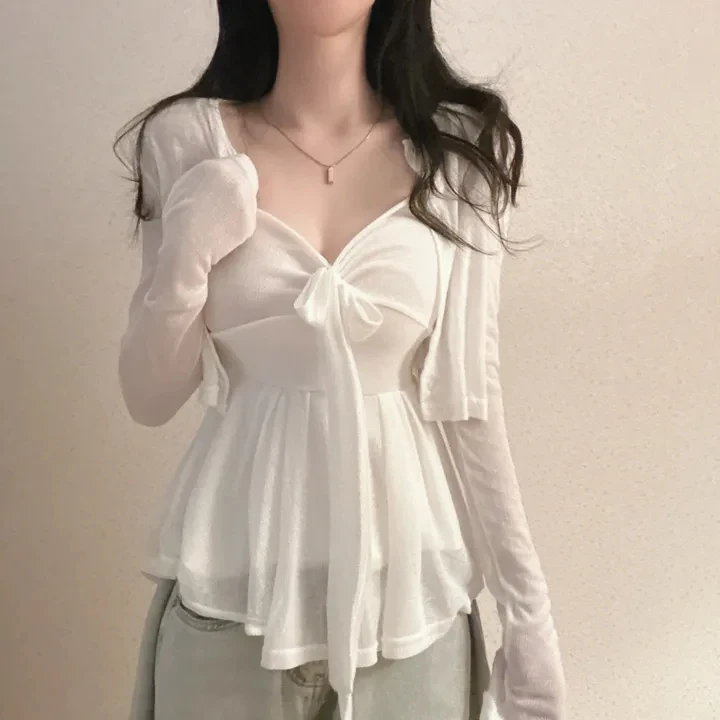 2 pezzi set autunno primavera 2026 volant francese stile chic scollo a V canotta + cardigan a maniche lunghe camicetta allentata capispalla femminile (hg7280