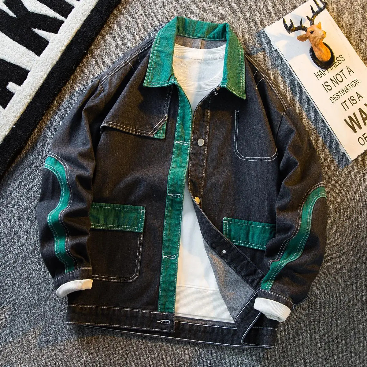 

Men's Casual Workwear Denim Jaet Spring Autumn High-End Feel Loose Fit Color Blo Collar Stand-Up Sve Long Thiened