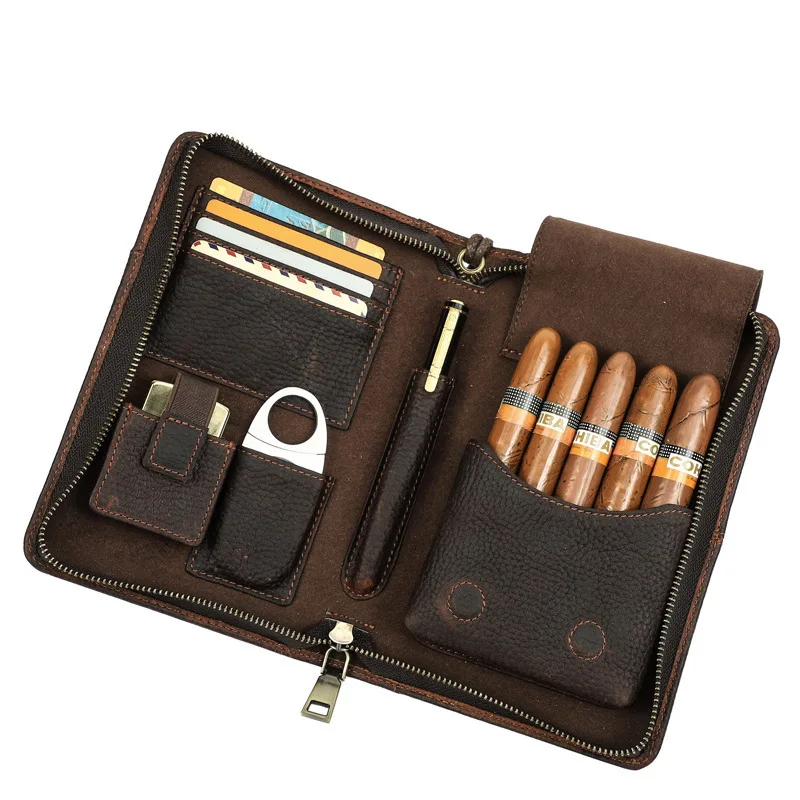 Fashionable British Style Top Layer Cowhide Wrangled Box Travel Portable Leather Set Five Cigar Utensils Storage Bag Men Wallets