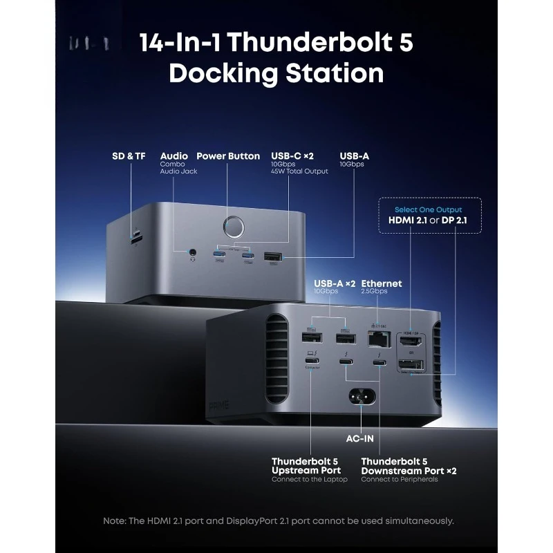 محطة إرساء Prime TB5، قاعدة Thunderbolt 14 في 1 مع نقل أقصى 120 جيجابت في الثانية، قاعدة Thunderbolt مع شحن أقصى 140 وات،