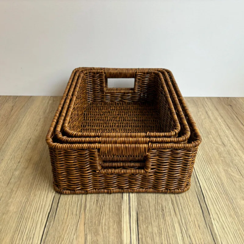 صندوق تخزين منسوج يدويًا سلة كبيرة مستطيلة أشتات منسوجة منظم للنزهات صندوق تخزين مستحضرات التجميل أدوات المطبخ المنزلية #3