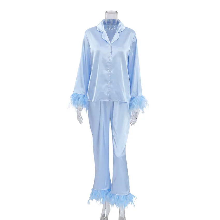 Plus Size Women Feathers Sleepwear Casual Pajamas Sets Long Sleeve Satin Silk Pajamas with Detachable Feathers