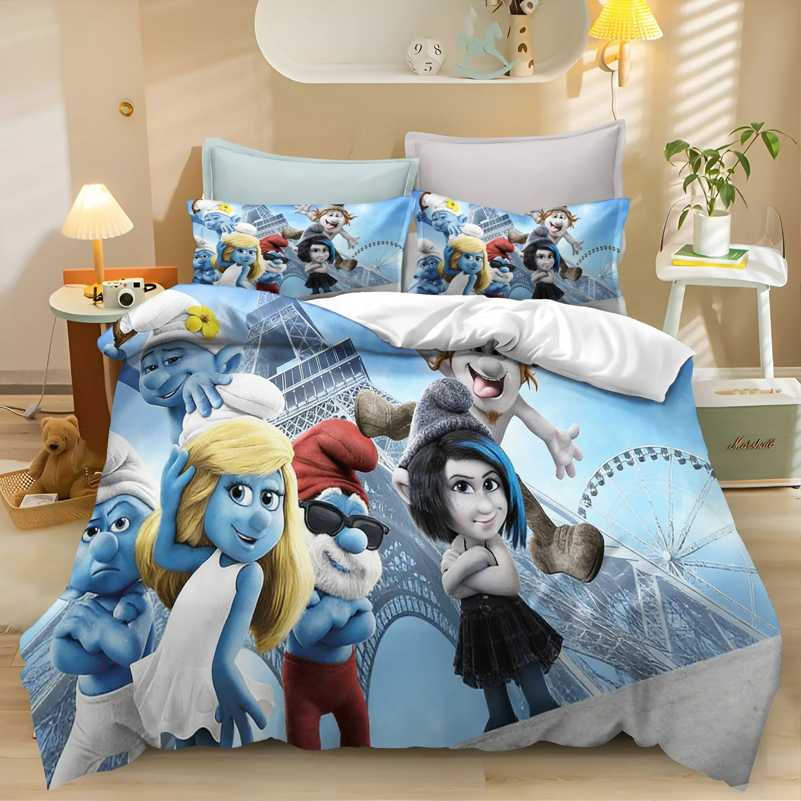 Smurfs Season  Bedding Set Cartoon 3-Piece One Piece Comforte Luxus Exquisite Birthday Gift Polyester Home Decor Duvet Cover