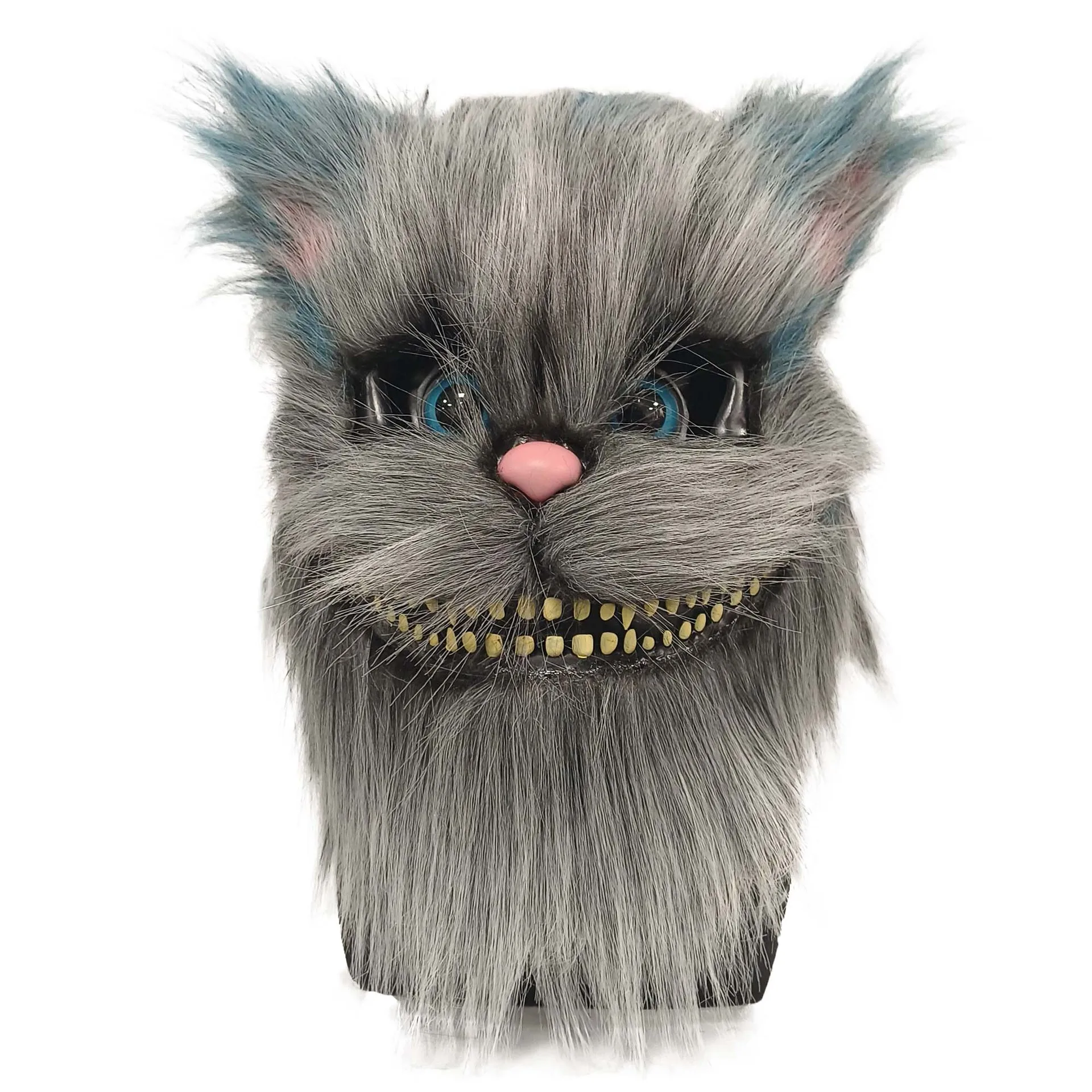 Horror-Maskerade: Grinsende Katze Vollkopfmaske aus Plüsch, Gruselige Großzahnte-Monstermaske für Halloween-Cosplay und Kostümierungen – Detail 2