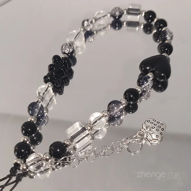 Mobile Phone Lanyard Short Women's Black and White Color Crystal Hand Beaded Love Bear Jewelry Bracelet Small Fresh Chain image 2