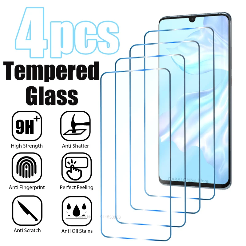 Protetor de Tela de Vidro Temperado para Huawei, P30 Pro, P20, P40, Mate 20 Lite, P Smart Z, Honor 50, 20, 10 Lite, X8, 9X, 2019, 2021, 4 peças