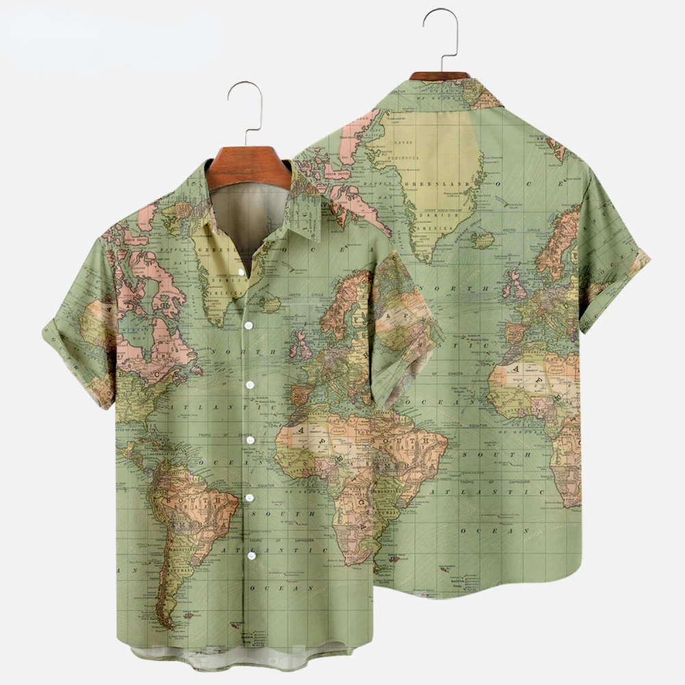 Summer Men\'s Shirts World Map Digital Printing Oversized Buttons Short Sleeves Loose Casual Slim Fit Shirts Fashion European Siz