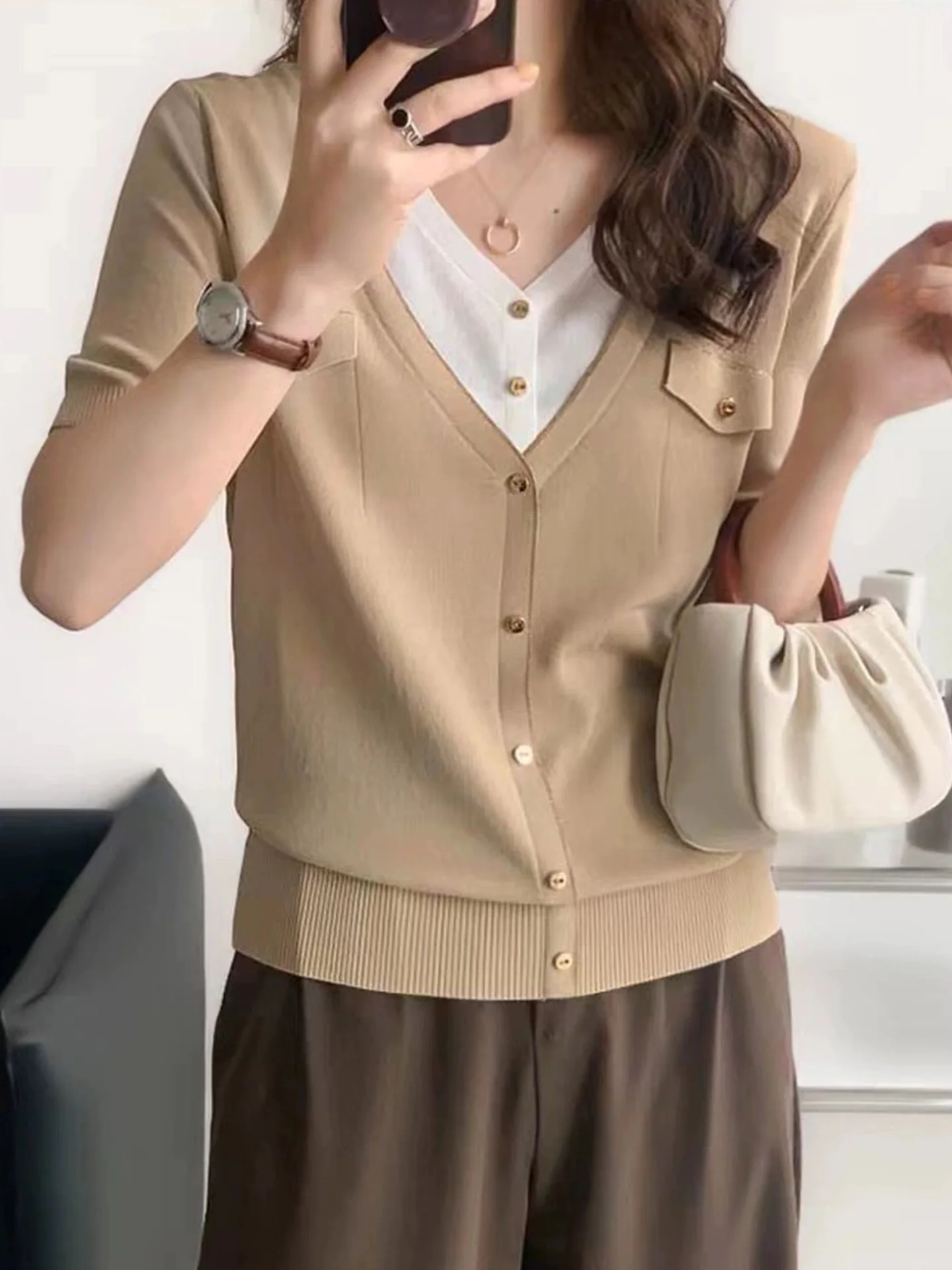 Haut tricoté en soie glacée v-ne ort Sve pour femmes, T-shirt d'été décontracté, coupe ample, couleur Blo Design