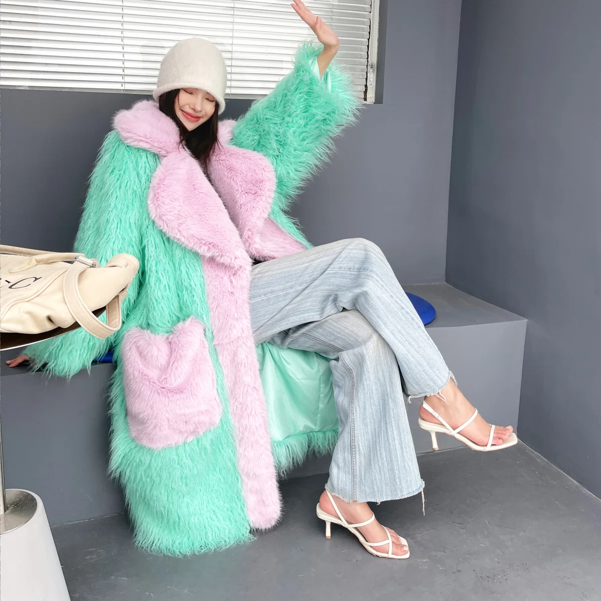 Women Faux Fur Jackets Mixed Turn Down Collar Pocket Thick Warm Long Coat Y2k Streetwear Loose Elegant Work Sweet Fluffy 2026
