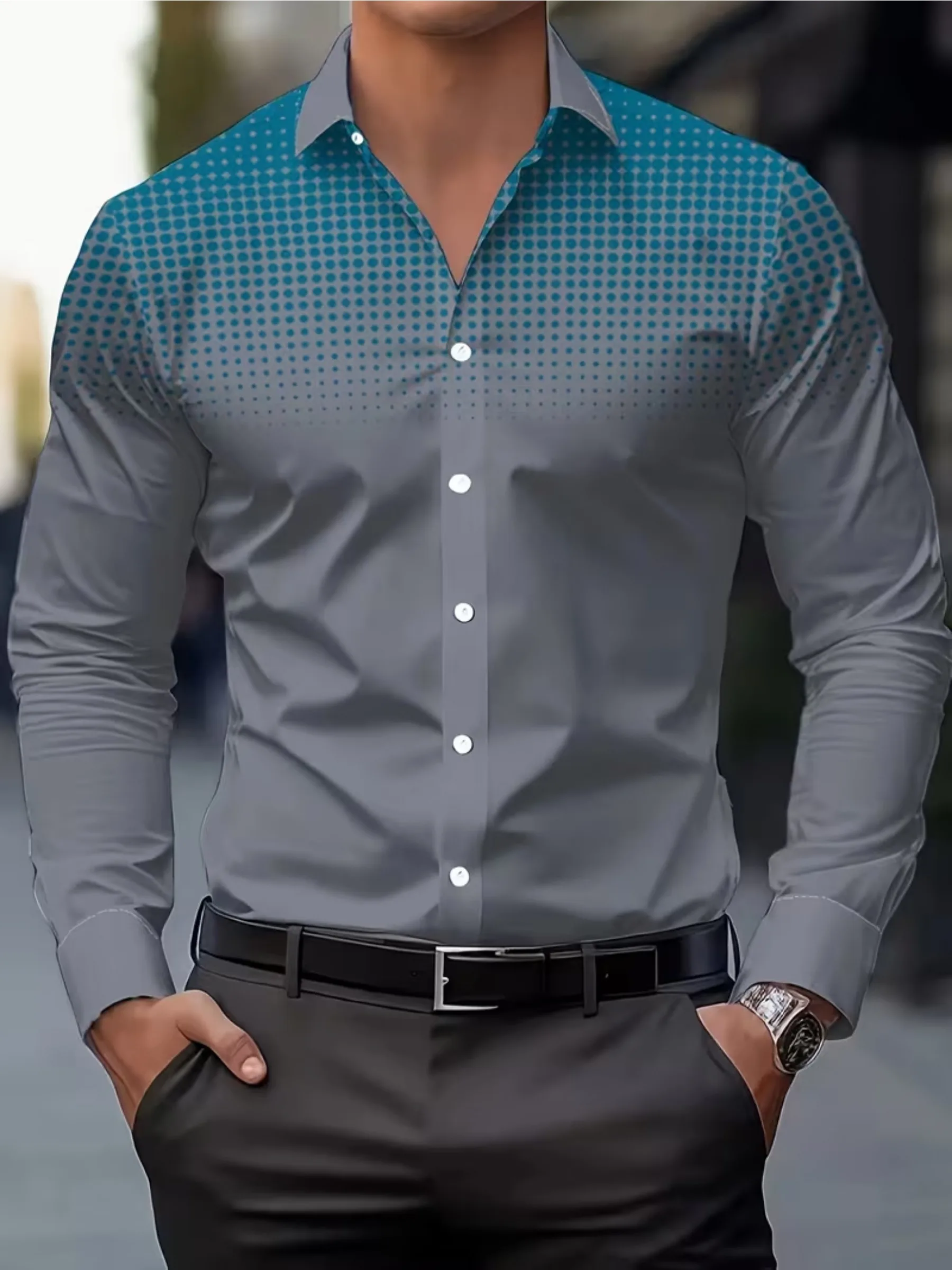 Men's Autumn New 3D Digital Gradient Dot Pattern Pattern Print Button Long Sleeve Shirt Men Business Casual Lapel Shirt Tops