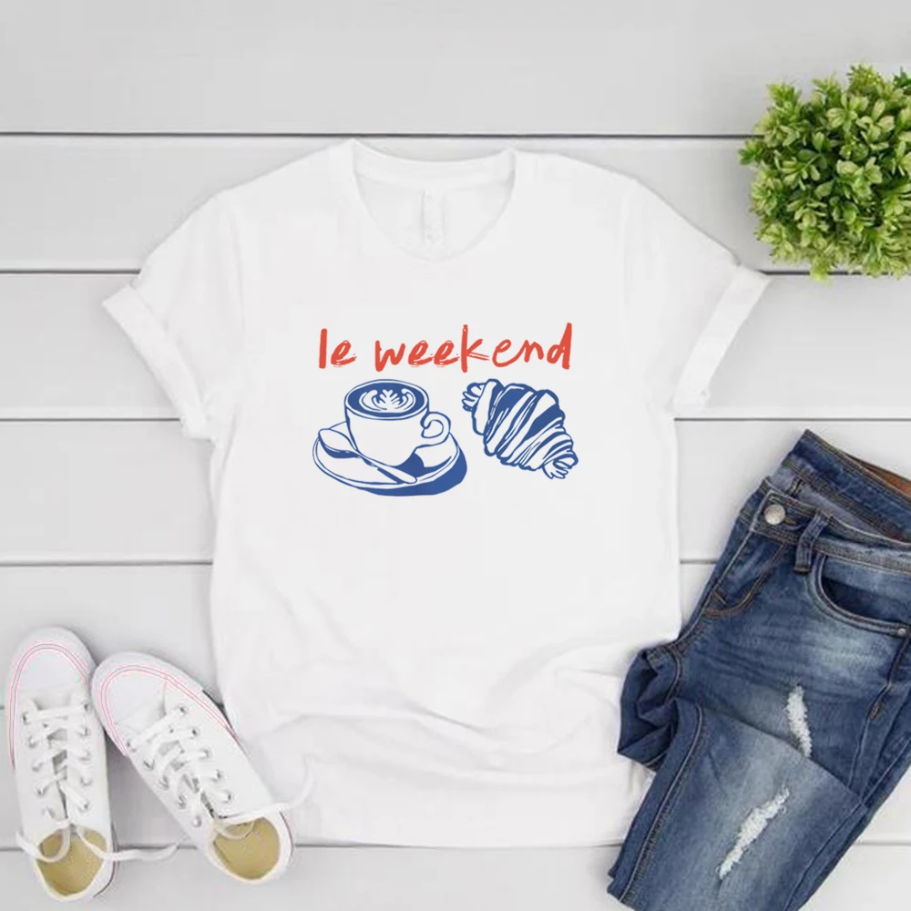 

Weekend T-Shirt Coffee Tshirt Croissant Shirt Retro Graphic Tee Casual Short Sleeve Women's T-shirts Vintage Aesthetic Clothes
