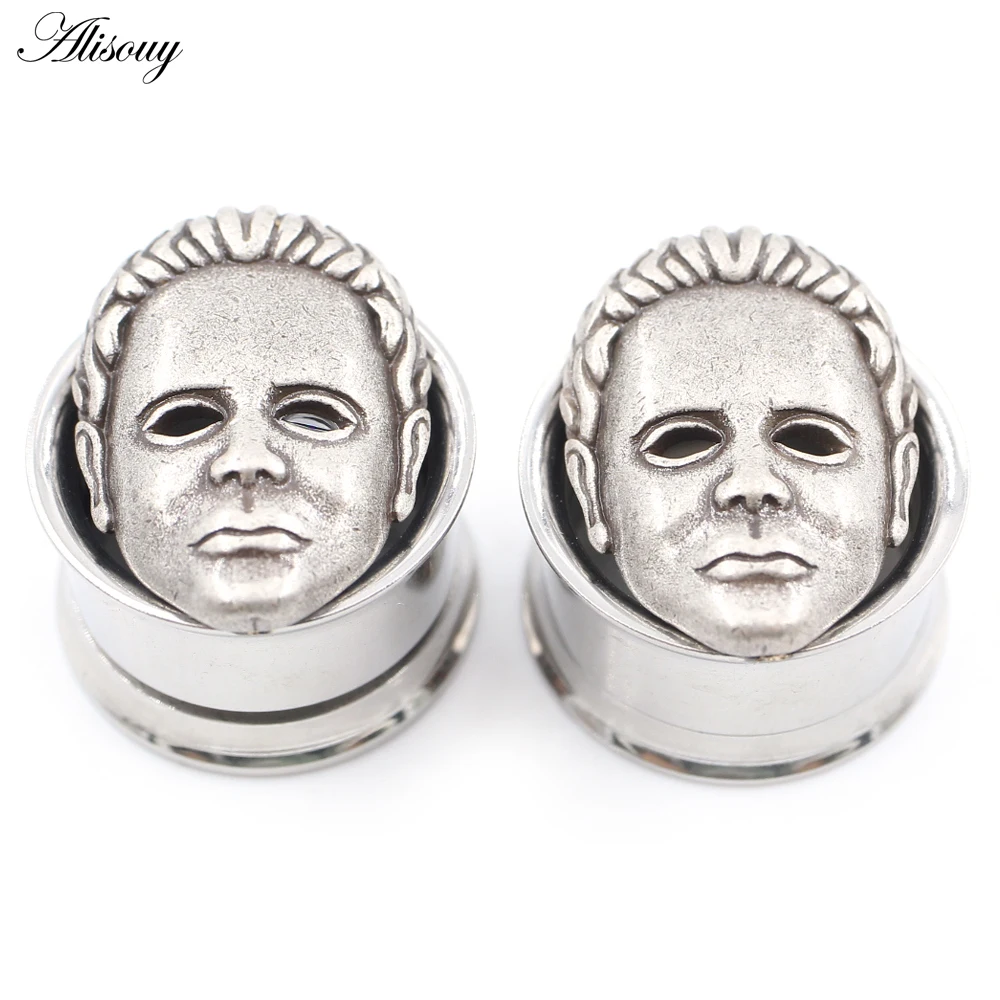 2Pieces Punk Face Hair Threaded Stainless Steel Ear Tunnels Plugs Expander Stretcher Flared Gauges Earring Piercing Body Jewelry