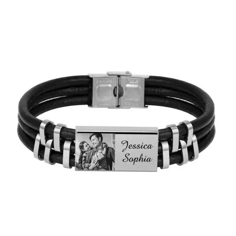 

Personalised Leather Bracelet Custom Photo Initial ID Bar Men's Bracelet Bangle Men Jewelry