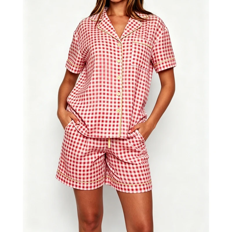 Women Summer Plaid Pajamas Set Short Sleeve Button-up Tops and Drawstring Shorts 2 Piece Sleepwear Loungewear Outfit