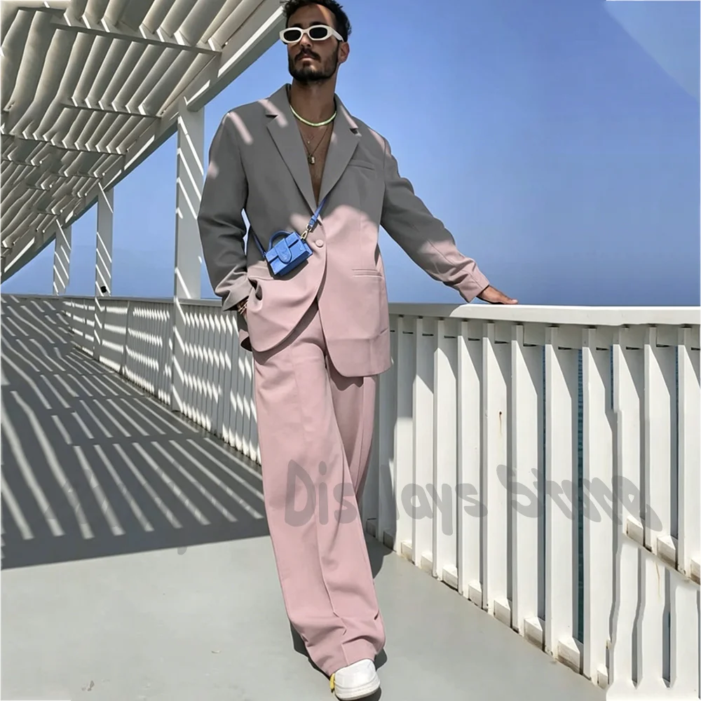 Gray Pink Men Two Piece Suit Notch Lapel Single Button Blazer Wide Leg Pants Summer Beach Casual Party Street Daily Clothes