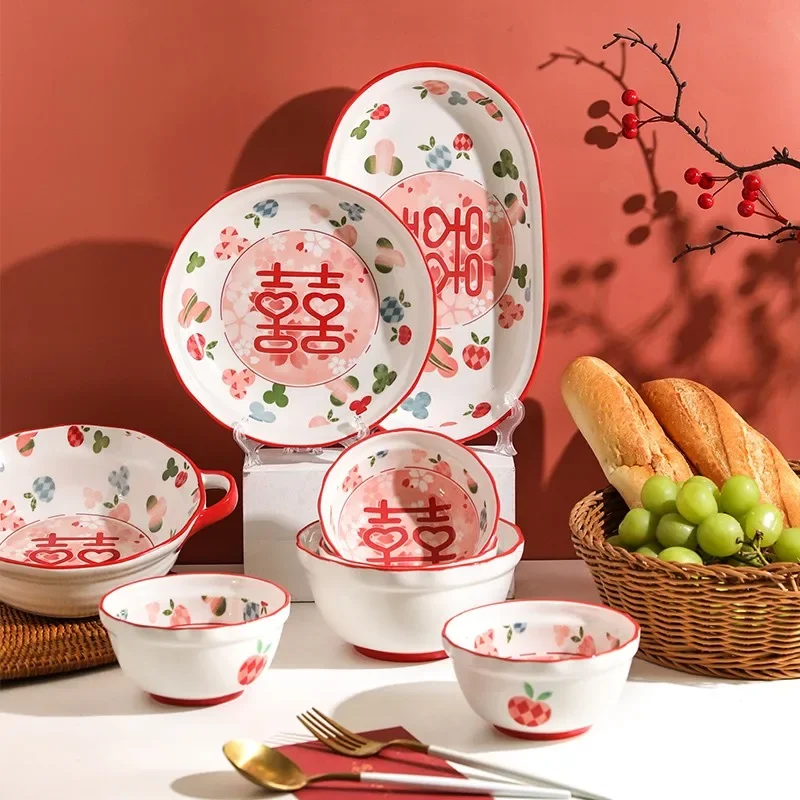

Chinese Style Xiwan Xichopsticks Wedding Utensils Household Ceramic Xizi Bowls and Plates Wedding Gifts