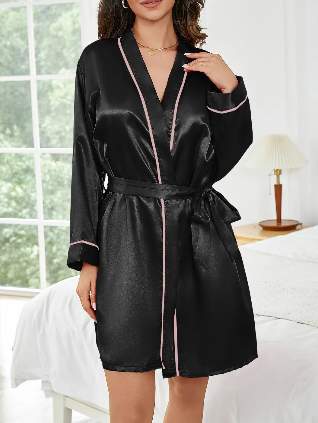 Reine Farbe Kurze Robe Frauen Sommer Dünne Hause Nachtwäsche Casual Bademantel Mode Vielseitig – Detail 2