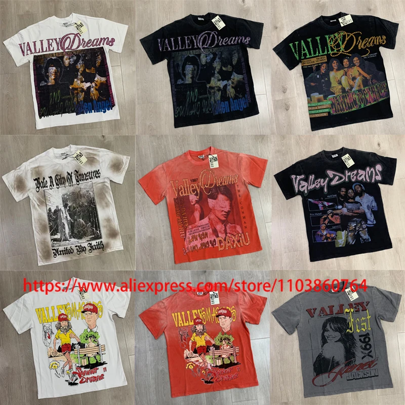 

European American Trend VALLEY T-shirt Street Men's Clothing Tops Retro Casual Round Neck Pattern Print Short Sleeves VALE Tees
