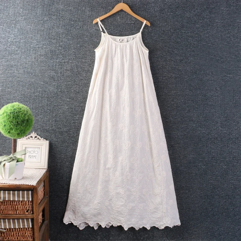 

Mori Girl Floral Embroidery Slip Dress for Women, Cotton Linen, A-line, Spaghetti Strap, Casual Loose Dresses, Spring, Summer