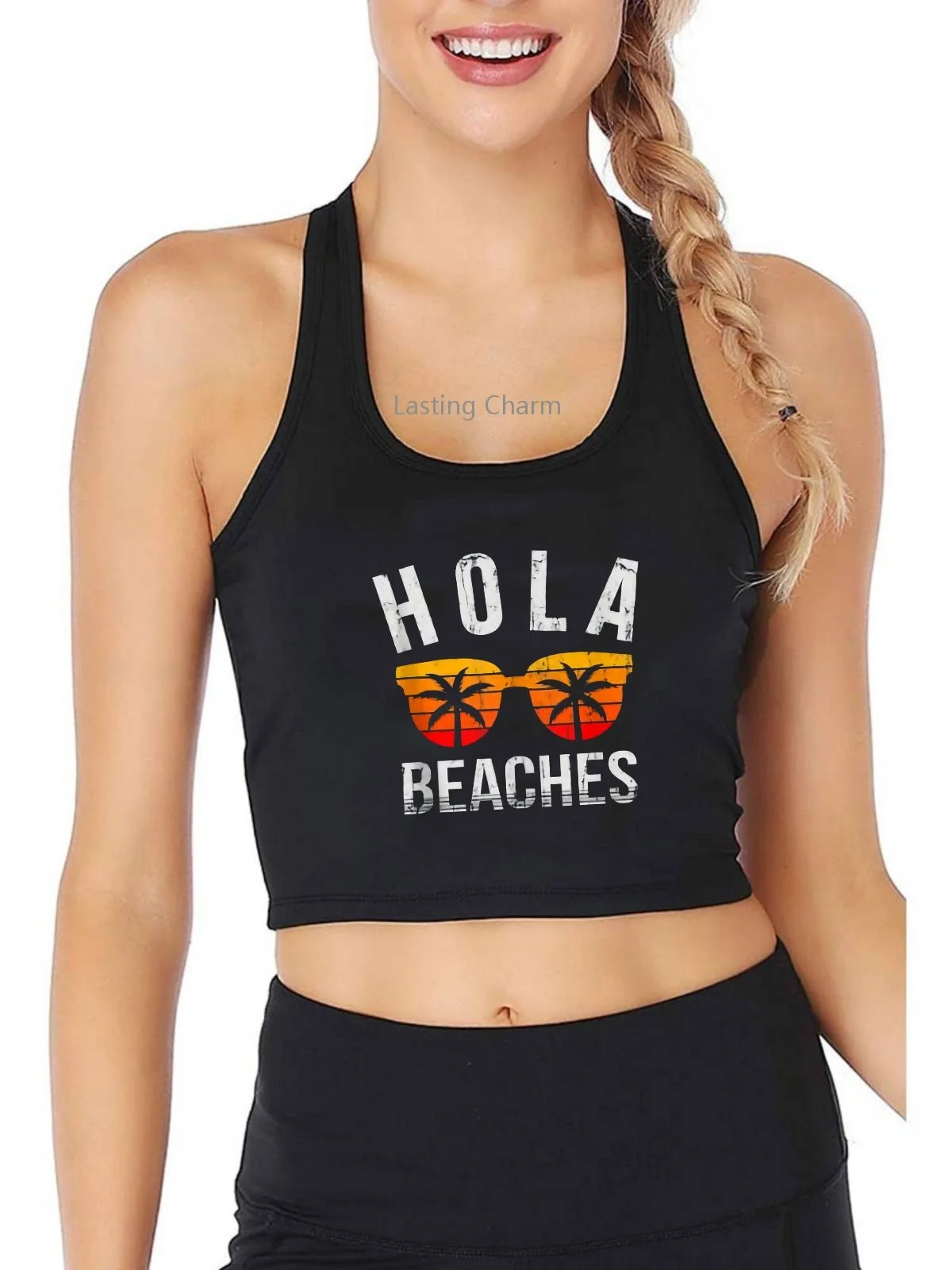 

Hola Beaches Tank Top Funny Beach Vacation Summer Tank Top Women's Slim Fit Yoga Sports Training Crop Tops Gym Vest