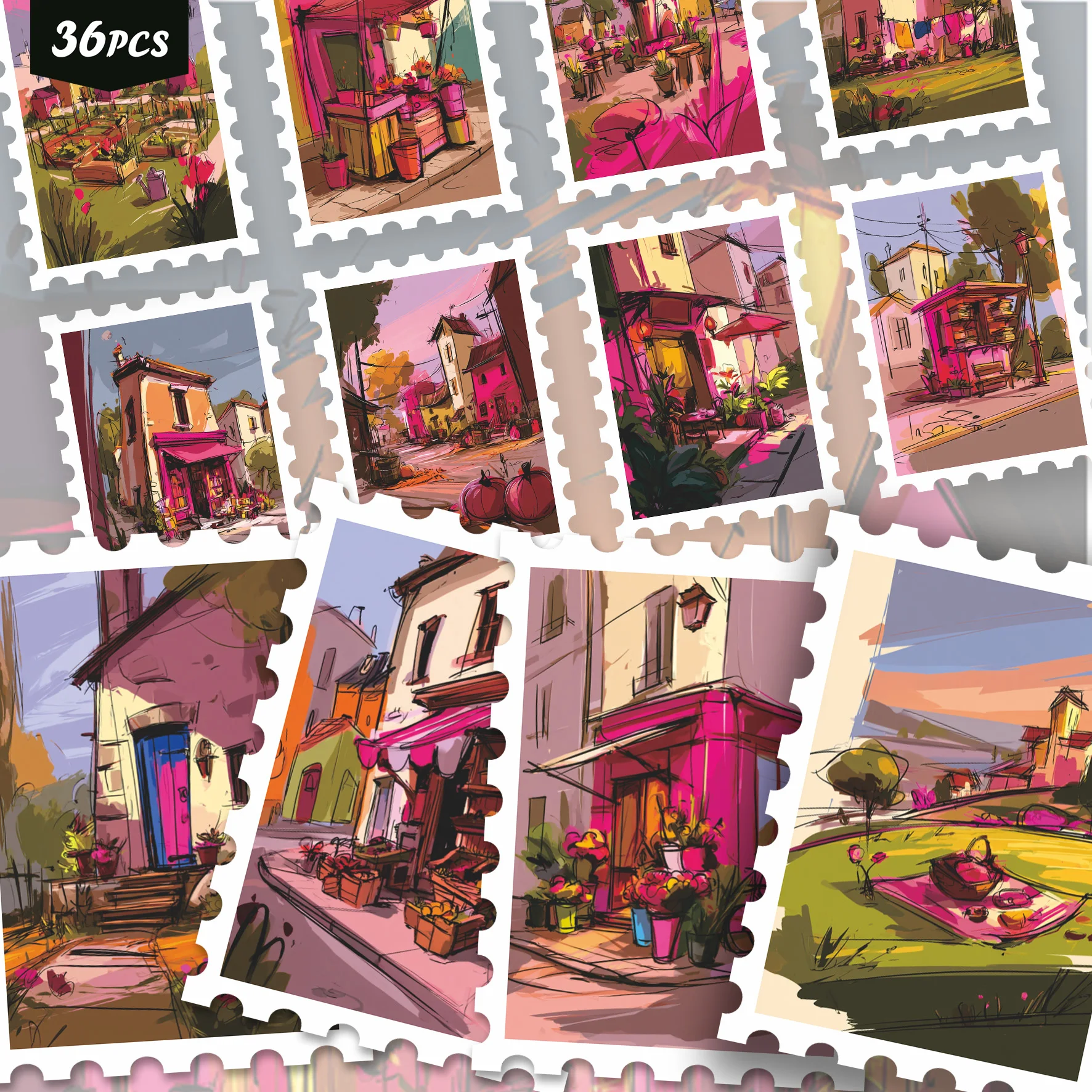 36pcs Vibrant Sketchy Town & Cottage Scenes Sticker Set, Hand-Painted Style Street, Home, Garden Landscapes Sticker Set for Jour