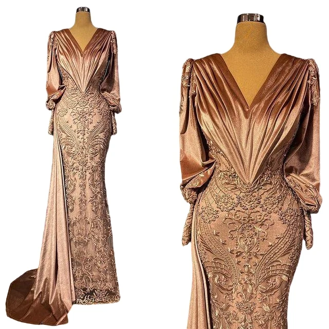 Brown Velvet Mermaid Formal Women Evening Dresses Long Sleeves Lace Appliques trumpet Prom Party Gowns Vestidos 2022