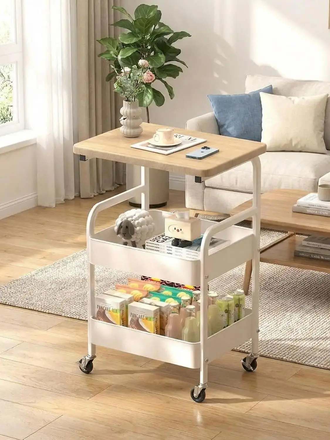 

3-уровневая тележка для хранения, тележка на колесиках со столешницей, компактный мобильный органайзер для стеллажей для гостиной, офиса, кухни