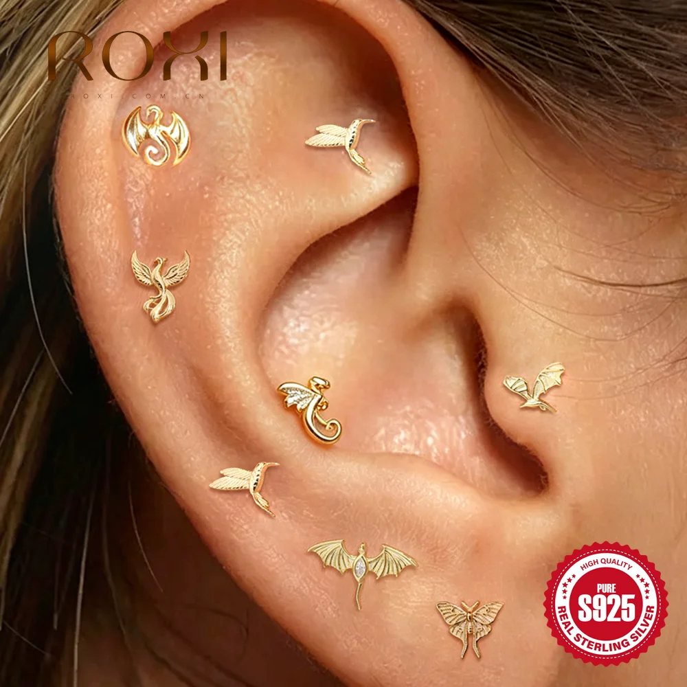 ROXI 1PC S925 Silver Zircon Cartilage Piercing Earring Dragon Phoenix Butterfly Hummingbird Hypoallergenic For Women Gift