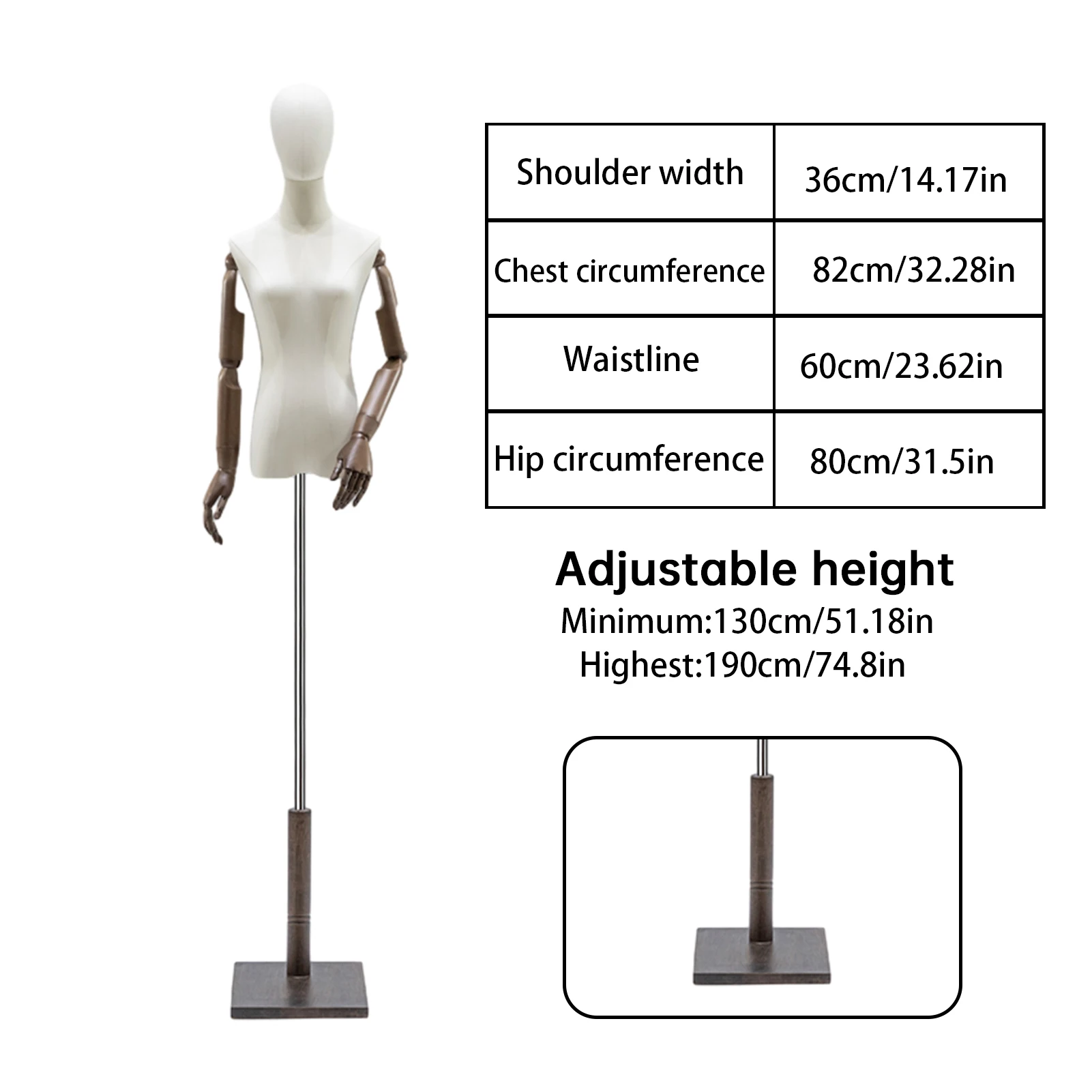 Kobieta manekin tułowia, sukienka z regulacją wysokości z głową, model sukni damskiej z drewnianymi ramionami, głowa