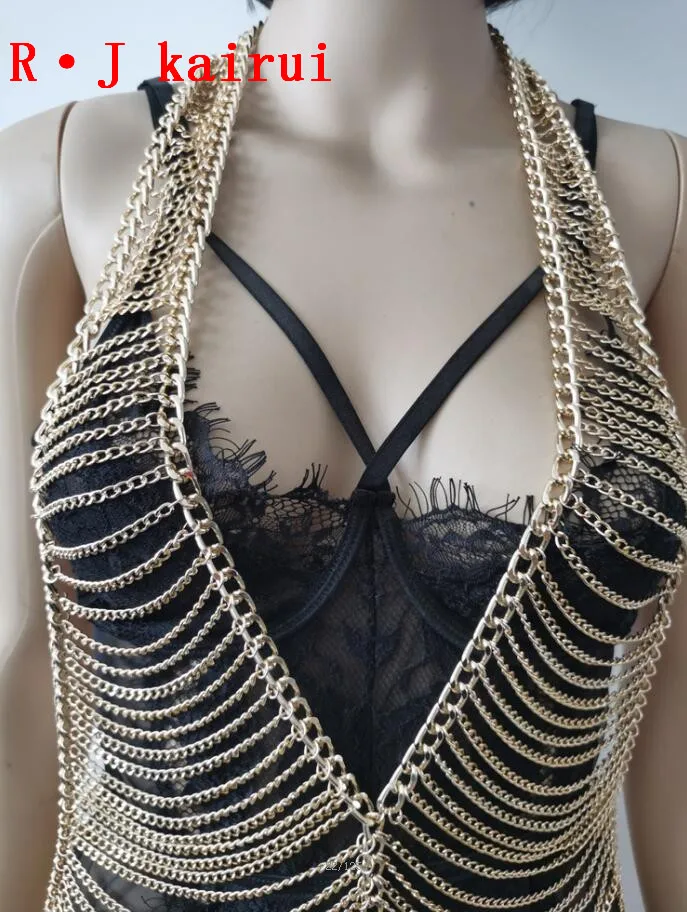 New RJBY2206 Gold Chains Neck Bra Chains Body Jewelry Unique Top Costume Dress Jewelry 2 Colors