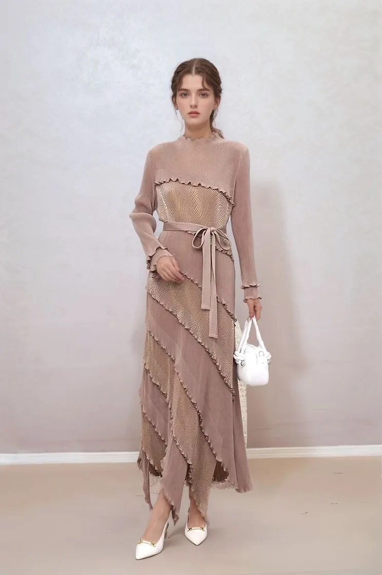 فستان ماكسي مطوي للنساء بأكمام طويلة وكشكشة متدرجة للحفلات المسائية فستان بوهو أنيق للحفلات المسائية