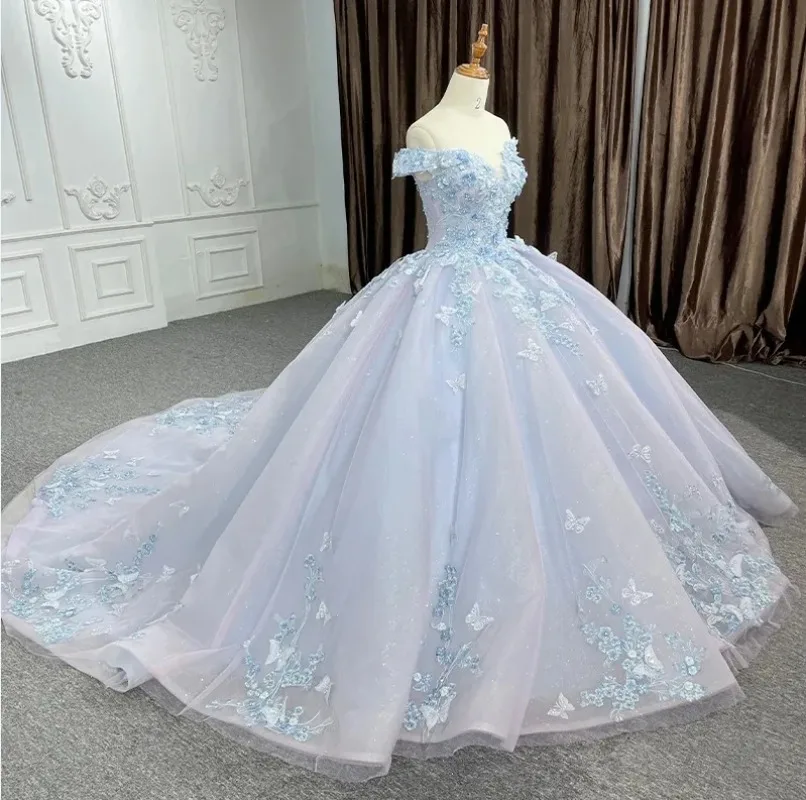 레이스 꽃 블루 볼 가운 15 세 Quinceanera 드레스 공주 맞춤형 파티 드레스 오프 어깨 Vestidos De Fiesta