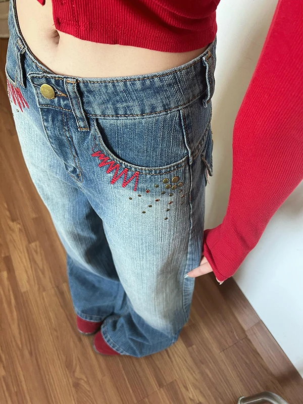 

Ретро-джинсы с вышивкой в американском стиле и бамбуковым узлом, широкие, свободного кроя, для женщин, осенне-зимние, прямые брюки