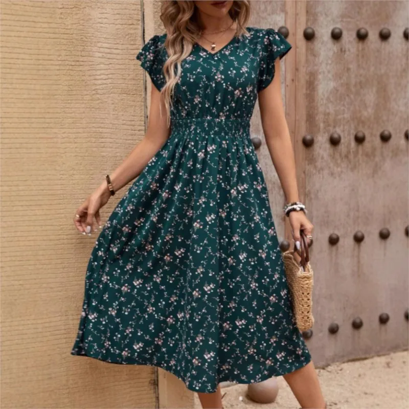 

Woman's Summer Retro Printed A-line Dress Fashion V-neck High Waisted Mid Length Dresses Ladies Casual Streetwear Vestidos